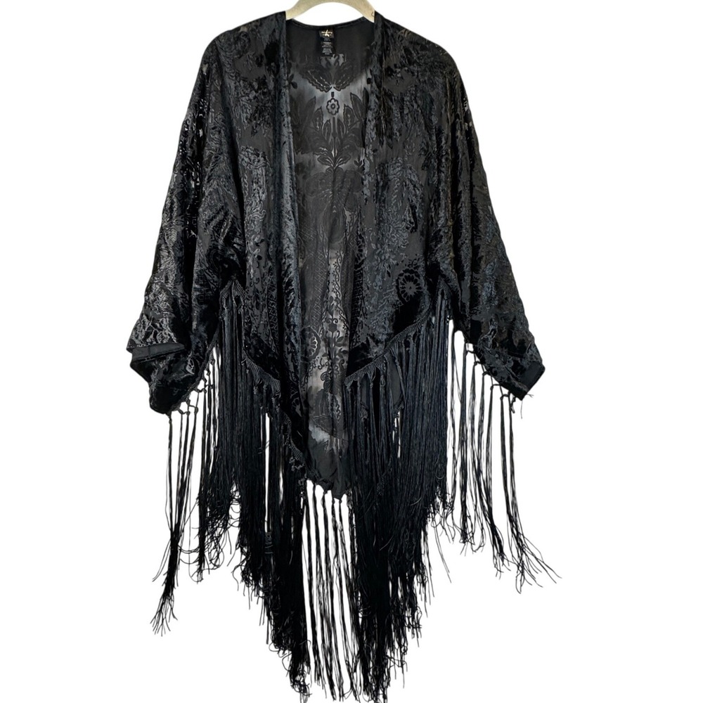 Idyllwind Black Velvet Burnout Floral Fringe Kimono Wrap Shawl Goth Witch Wester